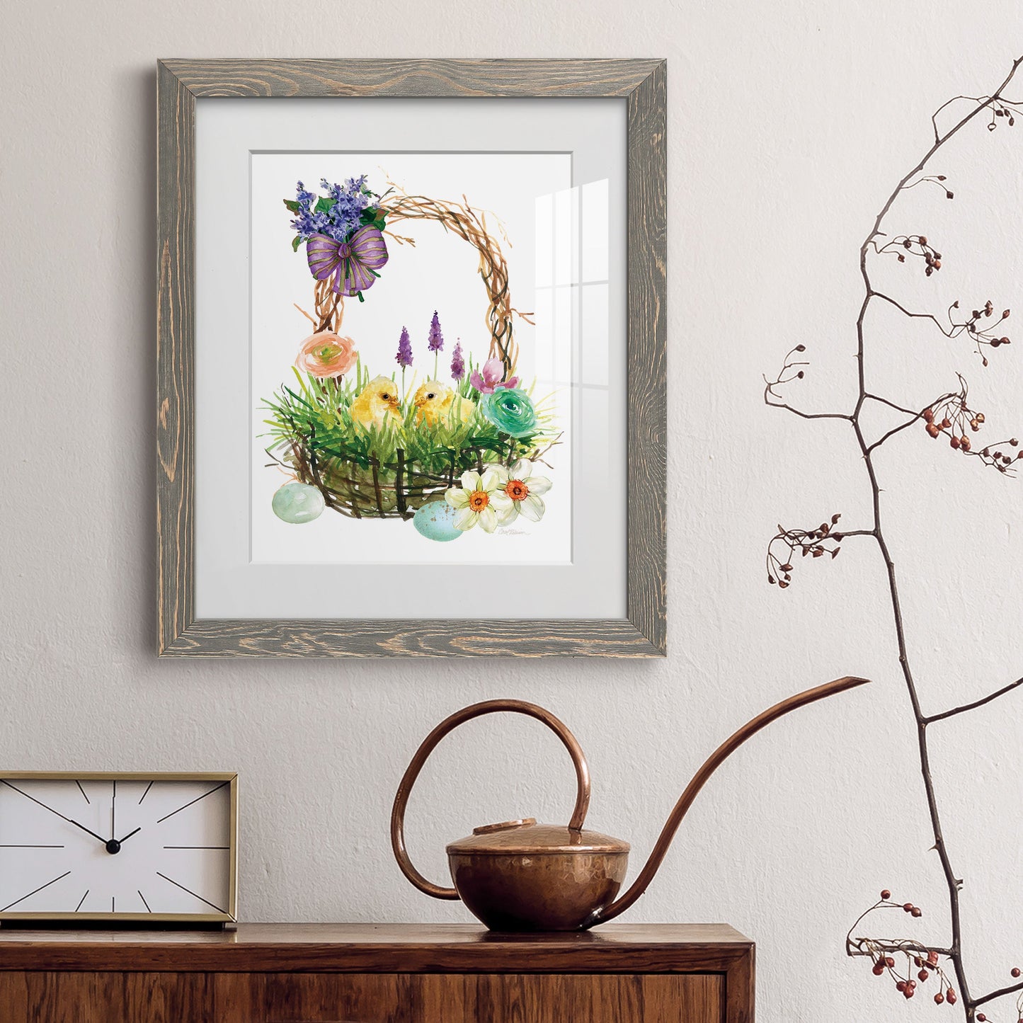 Spring Chick Basket - Premium Framed Print - Distressed Barnwood Frame - Ready to Hang