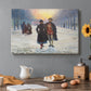 Canvas art print featuring figures walking through snowy street in quiet winter village scene, set in a cozy kitchen setting
