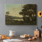 Canvas art print featuring an open countryside landscape with trees and distant horizon under soft sky, set in a cozy kitchen setting