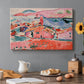 Canvas art print featuring a colorful coastal townscape with buildings, water, and bright rooftops, set in a cozy kitchen setting