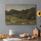 Canvas art print featuring a rolling landscape with fields, trees, and distant water under open sky, set in a cozy kitchen setting