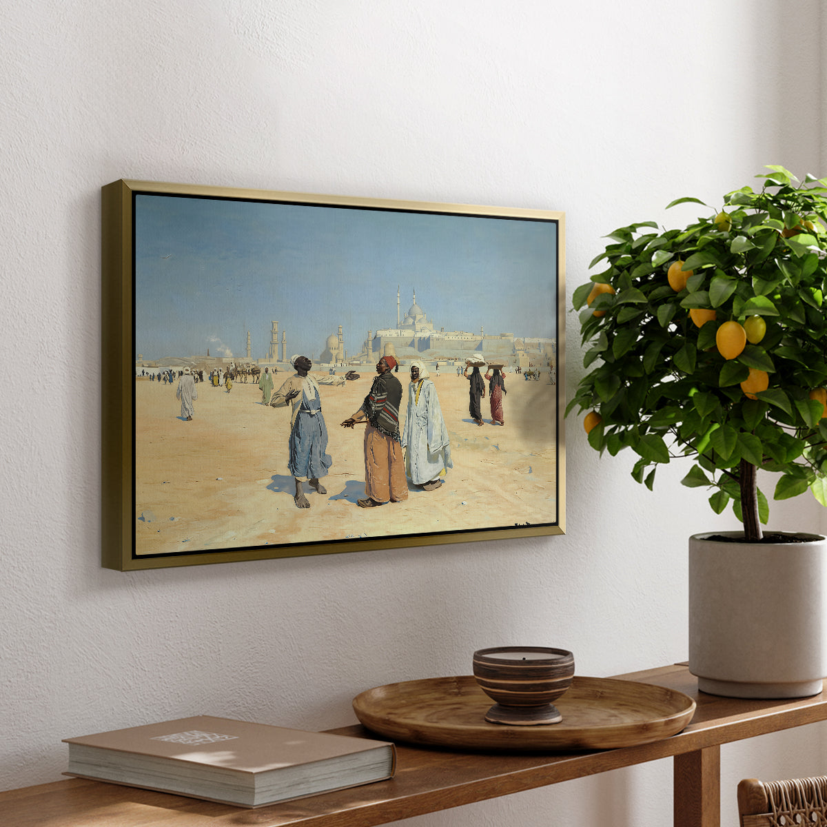 View from the Desert of Cairo with Citadel and Mamluk Tombs in the Background, c. 1889-1890 - Floater Framed Canvas Print