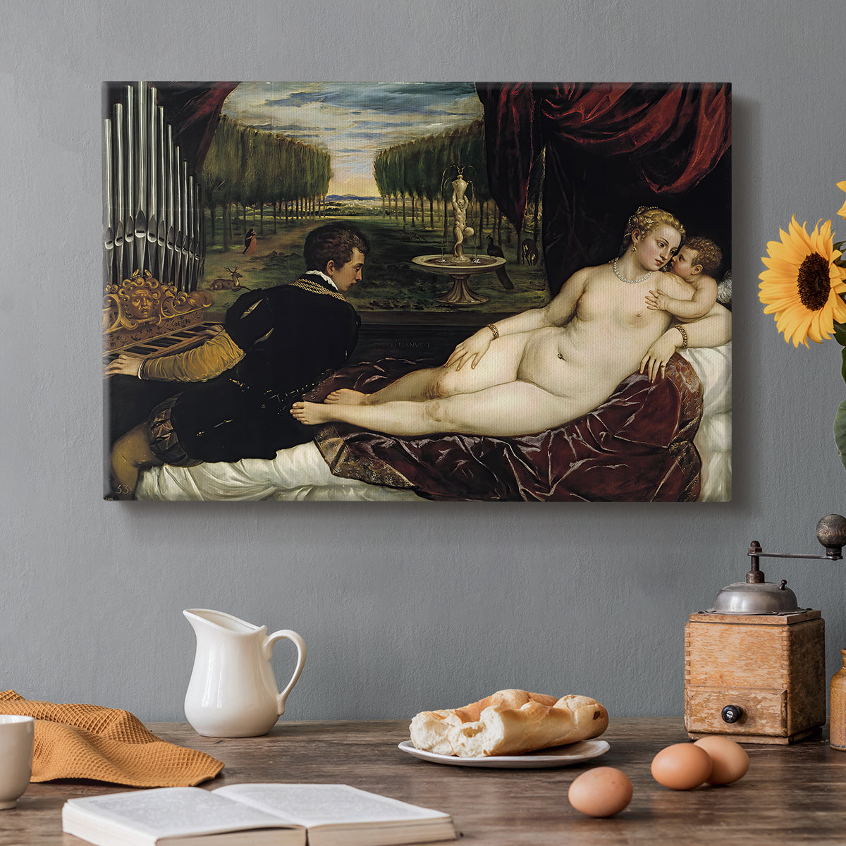Canvas art print featuring a reclining Venus with seated organist and Cupid in rich interior setting, set in a cozy kitchen setting
