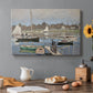 Canvas art print featuring sailboats gathered in calm basin with reflections on water, set in a cozy kitchen setting