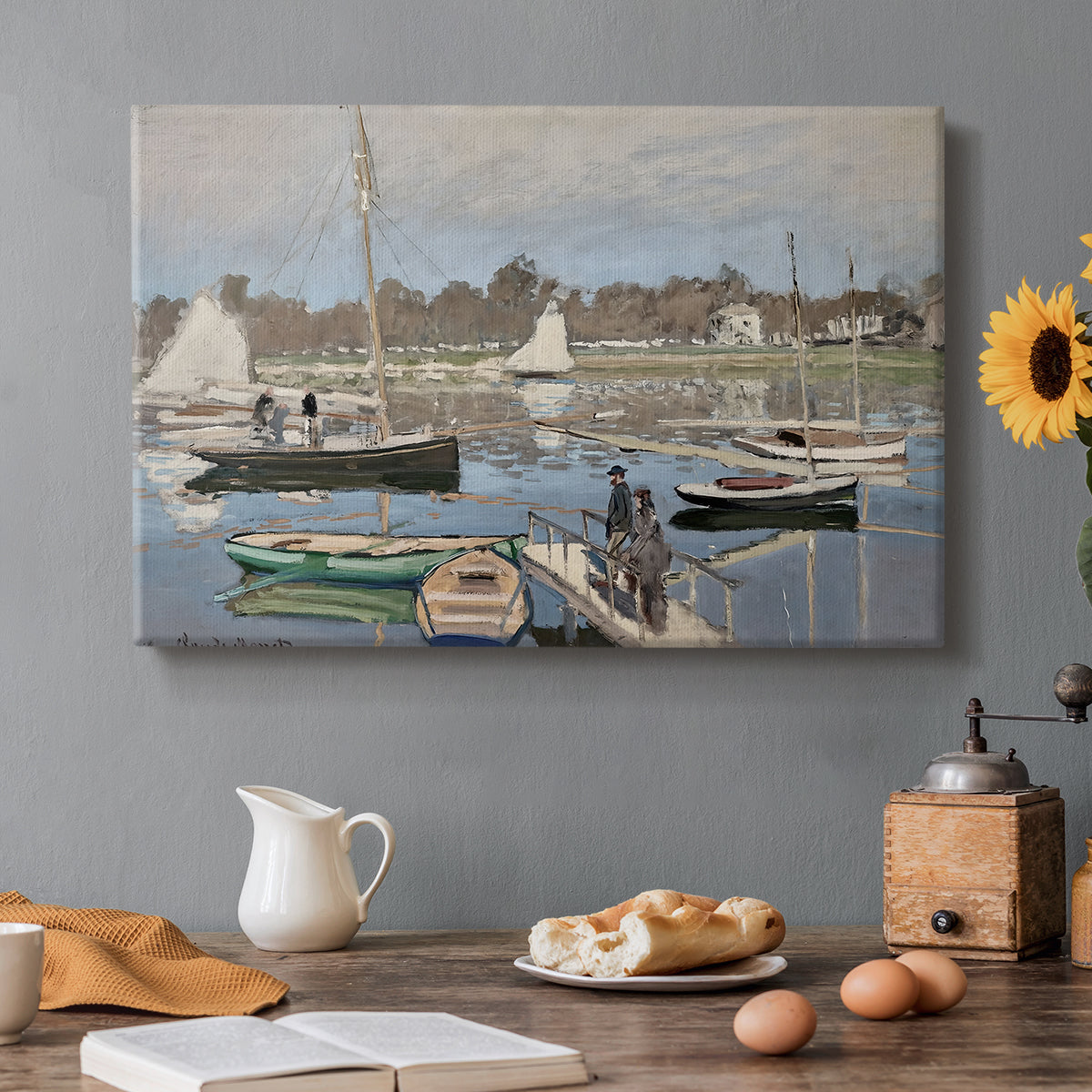 Canvas art print featuring sailboats gathered in calm basin with reflections on water, set in a cozy kitchen setting