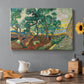 Canvas art print featuring an enclosed garden with trees and pathways rendered in vibrant brushwork, set in a cozy kitchen setting