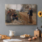 Canvas art print featuring a group of people gathered along dirt road in rural setting, set in a cozy kitchen setting