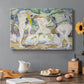 Canvas art print featuring abstracted figures of women bathing in colorful, fragmented landscape, set in a cozy kitchen setting