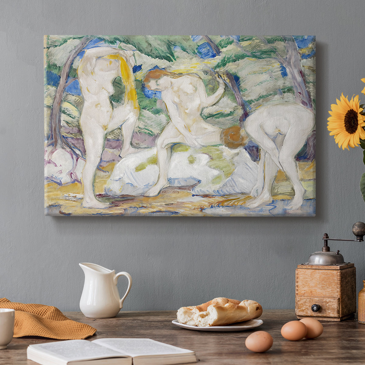 Canvas art print featuring abstracted figures of women bathing in colorful, fragmented landscape, set in a cozy kitchen setting