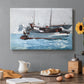 Canvas art print featuring workers transferring supplies between boat and larger vessel on water, set in a cozy kitchen setting