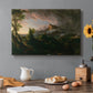 Canvas art print featuring an untamed wilderness landscape with scattered figures and primitive activity, set in a cozy kitchen setting