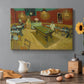 Canvas art print featuring a café interior with billiard table, lamps, and scattered figures under red walls, set in a cozy kitchen setting