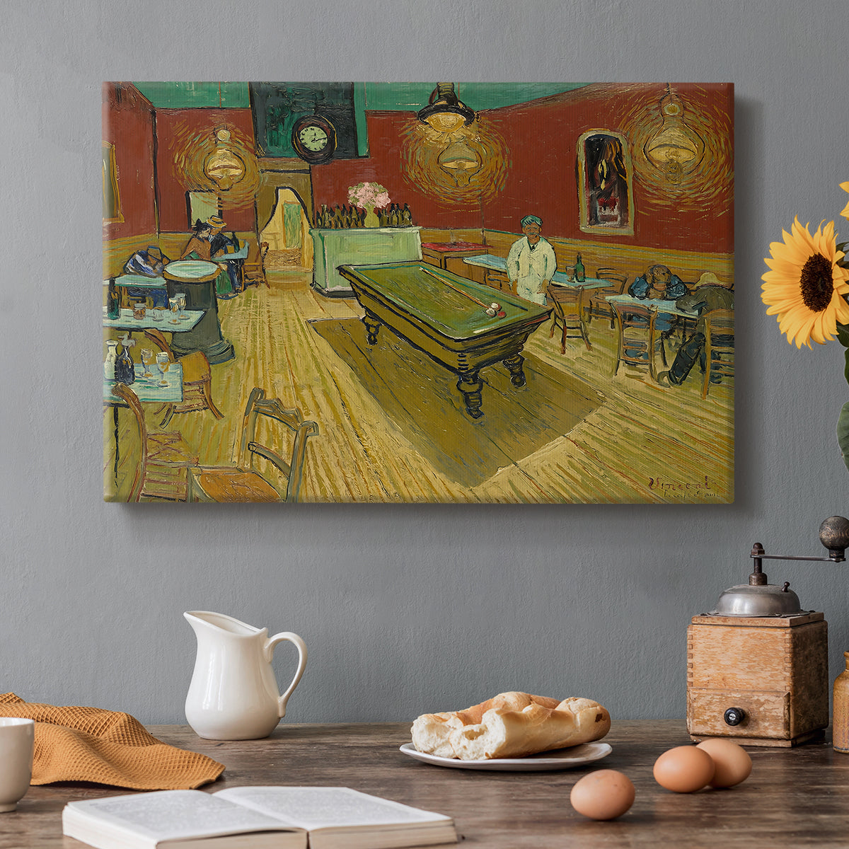 Canvas art print featuring a café interior with billiard table, lamps, and scattered figures under red walls, set in a cozy kitchen setting