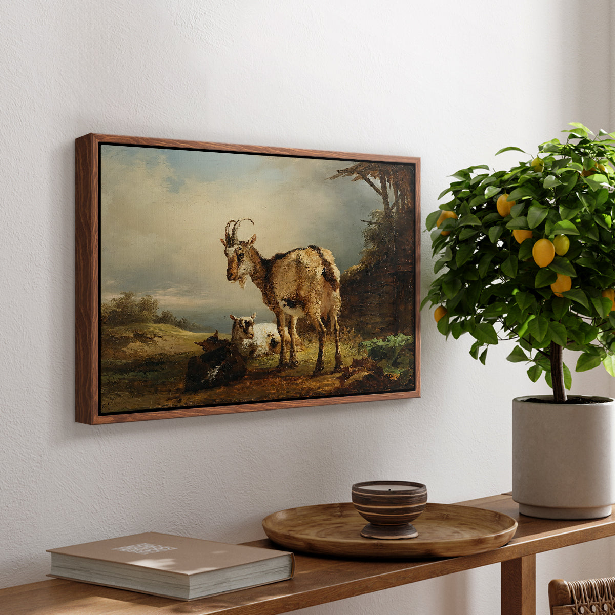 A Goat with Two Kids - Floater Framed Canvas Print