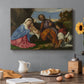 Canvas art print featuring a holy family gathered with shepherd in rustic outdoor setting, set in a cozy kitchen setting