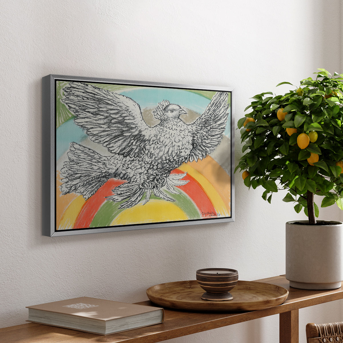 Flying Dove with Rainbow (Colombe volant à l'Arc-en-ciel), 1952 - Floater Framed Canvas Print