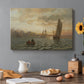Canvas art print featuring a coastal landscape with boats scattered across fjord and distant landforms, set in a cozy kitchen setting