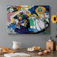 Canvas art print featuring a dense abstract composition with figures and forms suggested through bold color contrasts, set in a cozy kitchen setting