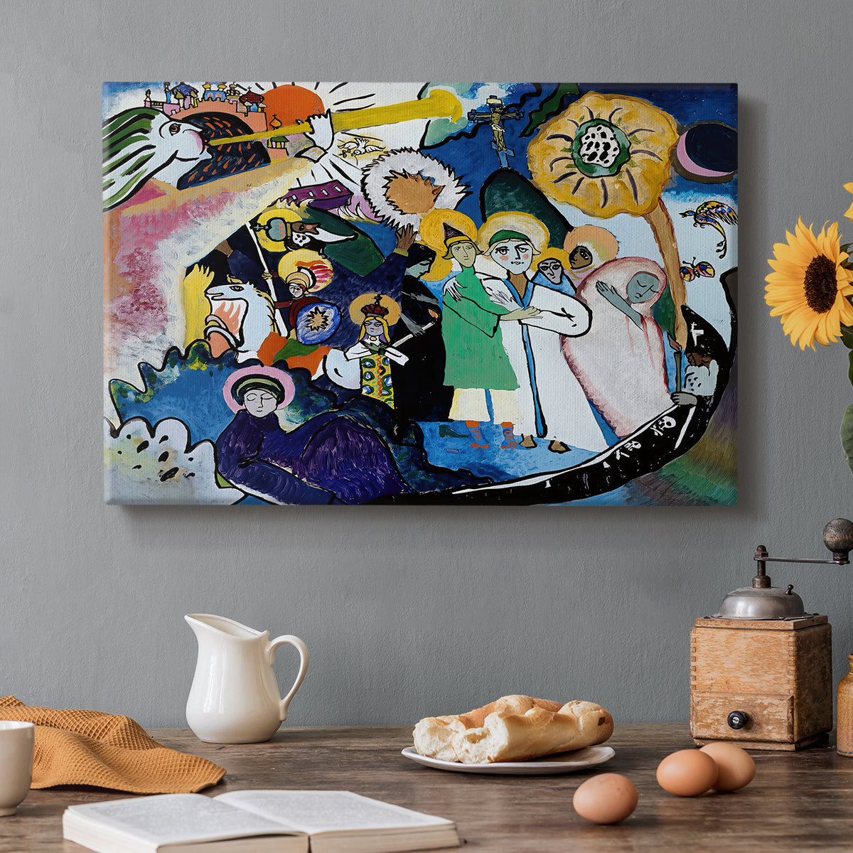Canvas art print featuring a dense abstract composition with figures and forms suggested through bold color contrasts, set in a cozy kitchen setting