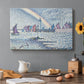Canvas art print featuring boats entering harbor with buildings, set in a cozy kitchen setting