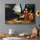 Canvas art print featuring three men standing outdoors in landscape engaged in thoughtful discussion, set in a cozy kitchen setting