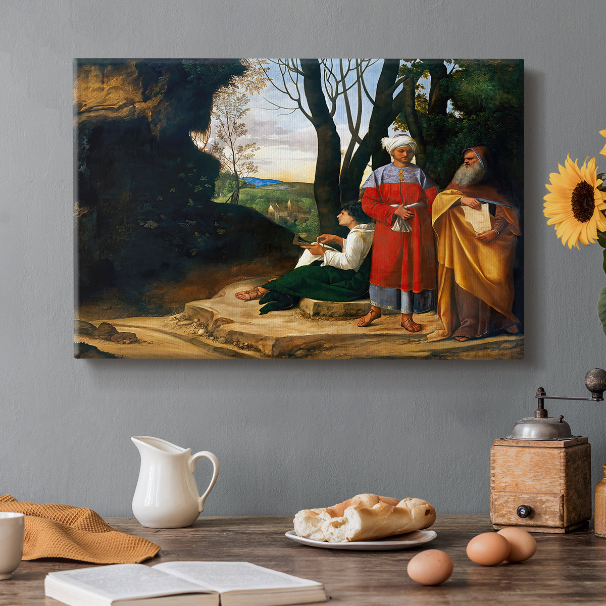 Canvas art print featuring three men standing outdoors in landscape engaged in thoughtful discussion, set in a cozy kitchen setting