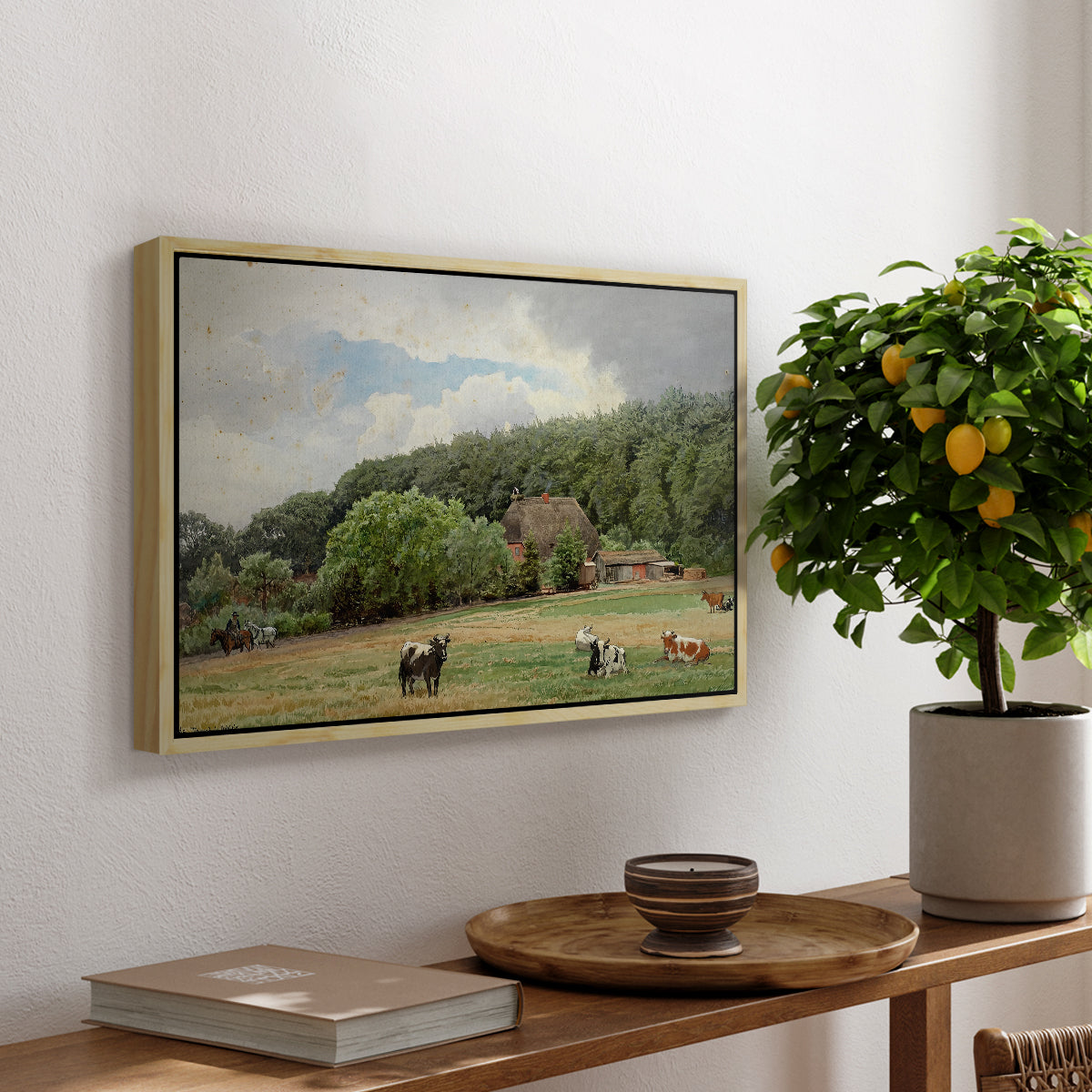 Farm with Grazing Cows (Bondegård med beitende kuer), 1892 - Floater Framed Canvas Print