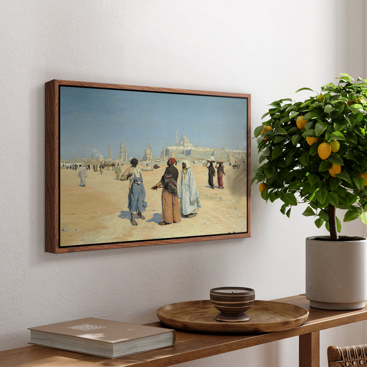 View from the Desert of Cairo with Citadel and Mamluk Tombs in the Background, c. 1889-1890 - Floater Framed Canvas Print