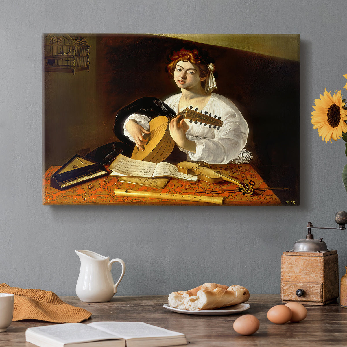 Canvas art print featuring a young man playing lute surrounded by sheet music and still life objects, set in a cozy kitchen setting