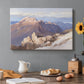 Canvas art print featuring a distant mountain peak viewed from elevated ridge with sweeping landscape, set in a cozy kitchen setting