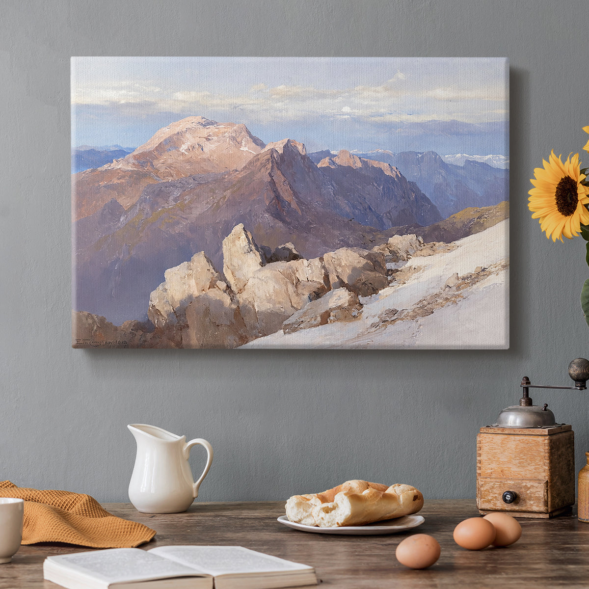 Canvas art print featuring a distant mountain peak viewed from elevated ridge with sweeping landscape, set in a cozy kitchen setting