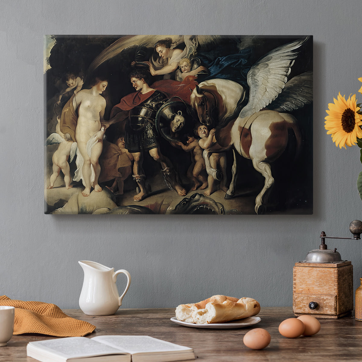 Canvas art print featuring Perseus rescuing Andromeda from chained position, set in a cozy kitchen setting