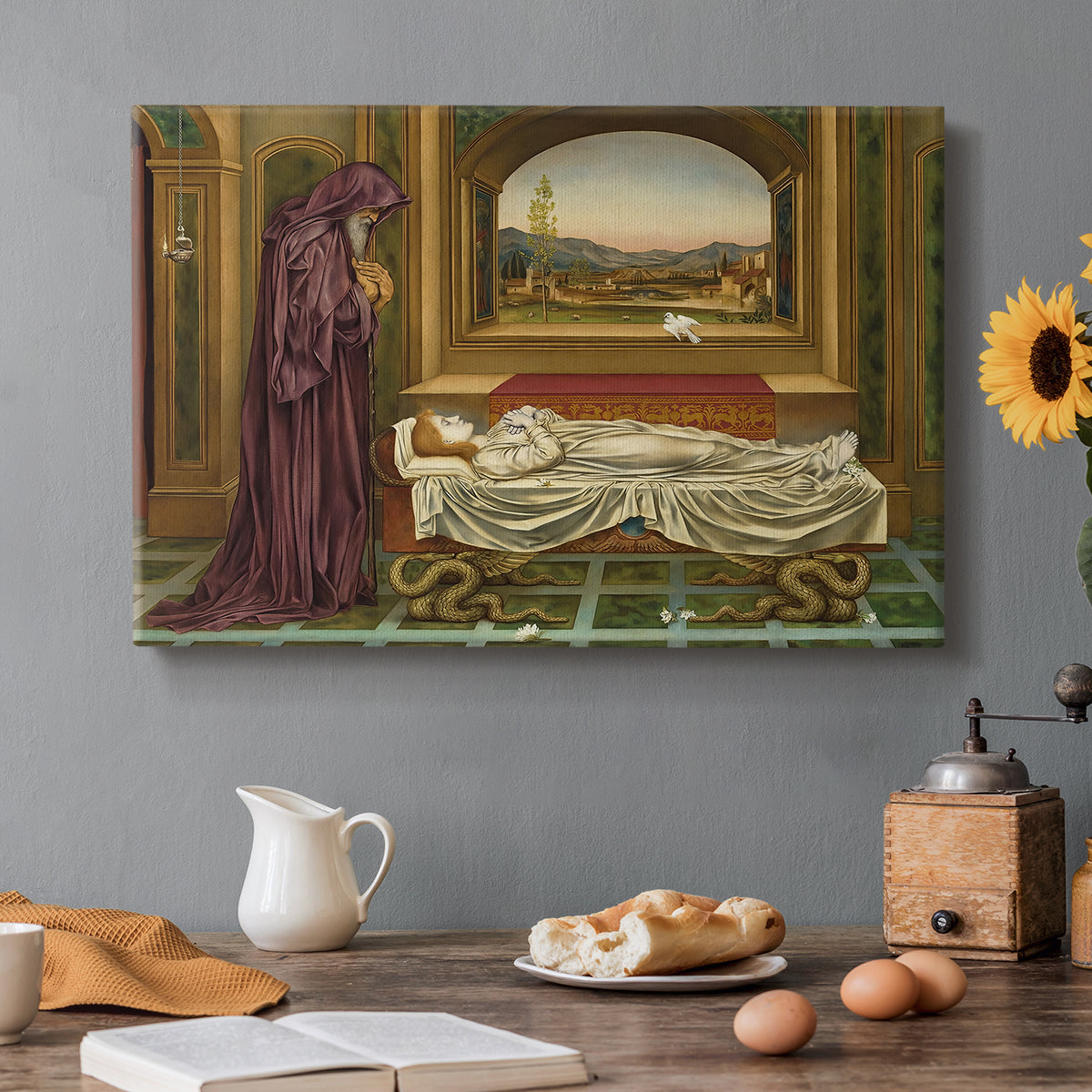 Canvas art print featuring a solitary figure standing in interior space with contemplative expression, set in a cozy kitchen setting