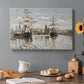 Canvas art print featuring large ships docked along the Seine with masts rising against soft sky, set in a cozy kitchen setting