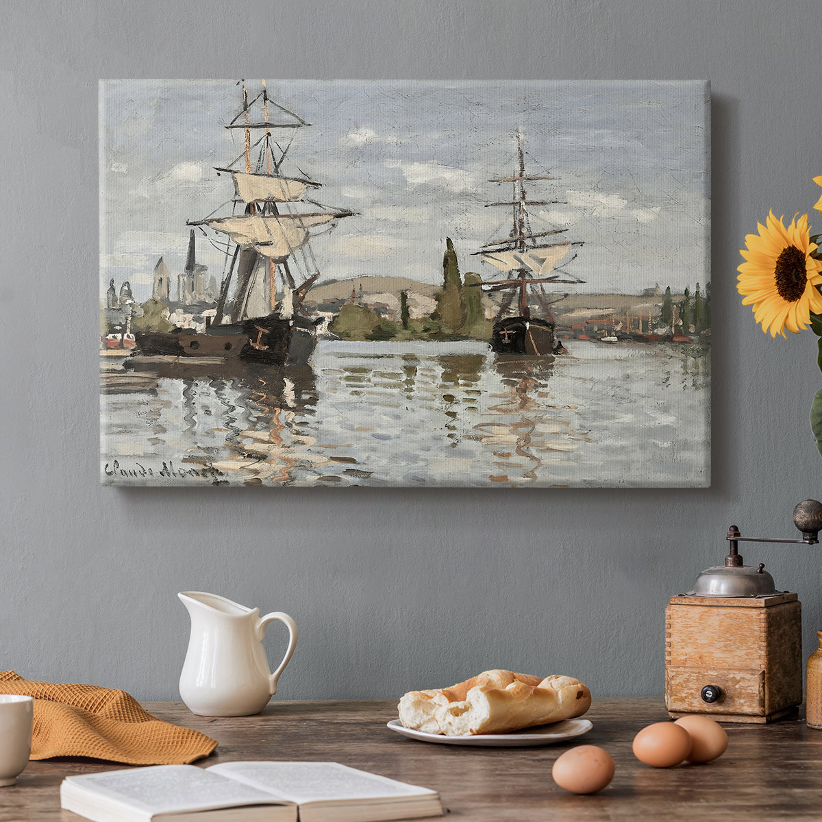Canvas art print featuring large ships docked along the Seine with masts rising against soft sky, set in a cozy kitchen setting