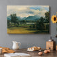 Canvas art print featuring a village landscape and countryside under wide sky, set in a cozy kitchen setting