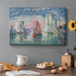 Canvas art print featuring a harbor opening with boats and structures, set in a cozy kitchen setting