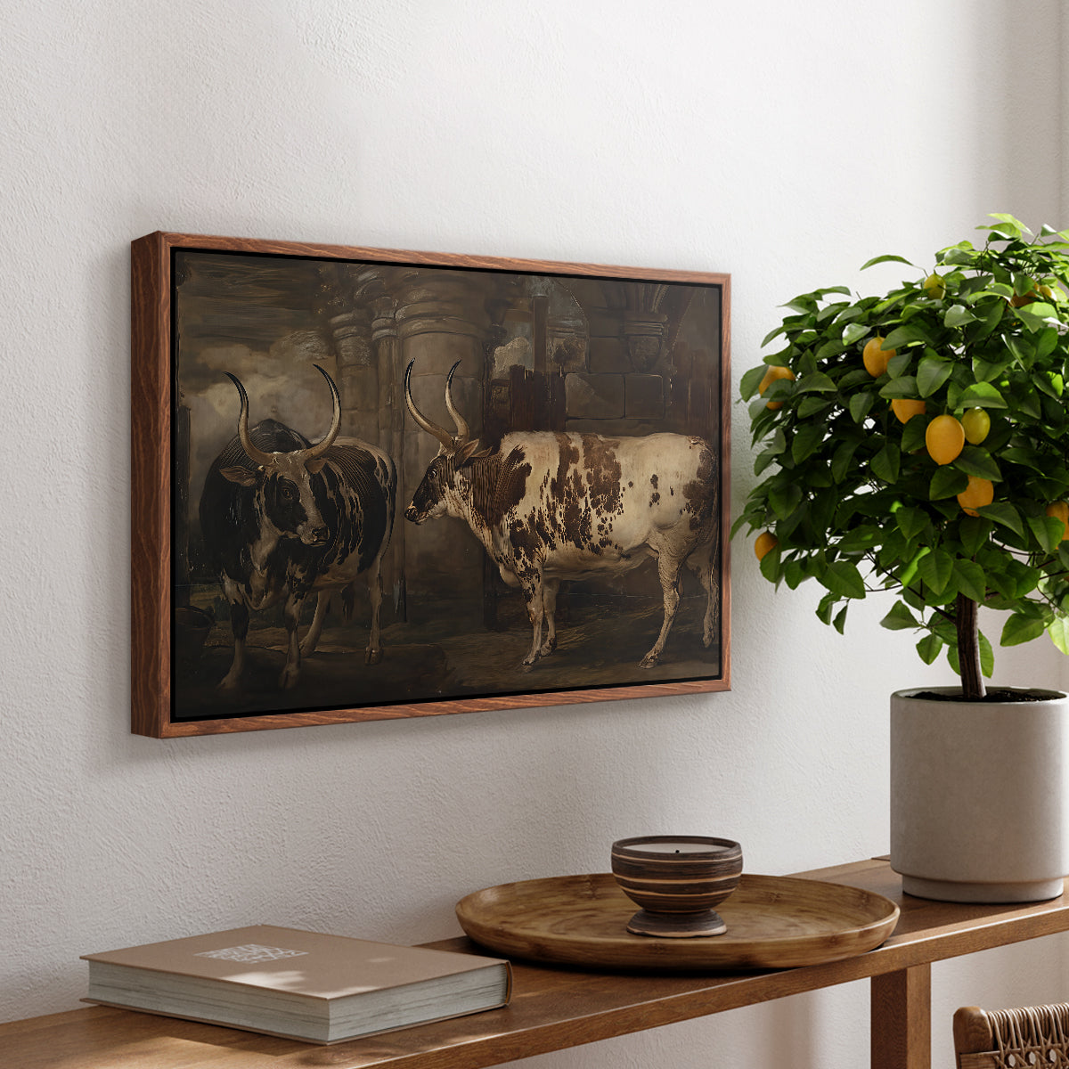 Portraits of Two Extraordinary Oxen, Property of the Earl of Powis, 1814 - Floater Framed Canvas Print