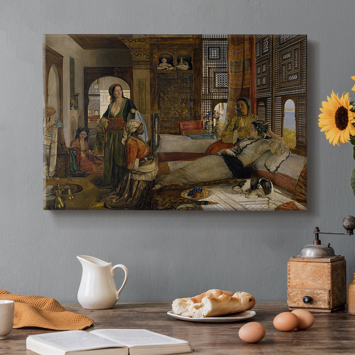 Canvas art print featuring an interior scene with seated figures in richly decorated room, set in a cozy kitchen setting