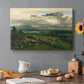 Canvas art print featuring a town set within landscape with cliffs and surrounding countryside, set in a cozy kitchen setting
