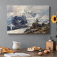 Canvas art print featuring a towering mountain peak rising above rocky alpine landscape, set in a cozy kitchen setting