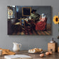 Canvas art print featuring a woman seated at table with man offering glass of wine in interior, set in a cozy kitchen setting