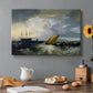 Canvas art print featuring a coastal scene with ships and distant shoreline, set in a cozy kitchen setting