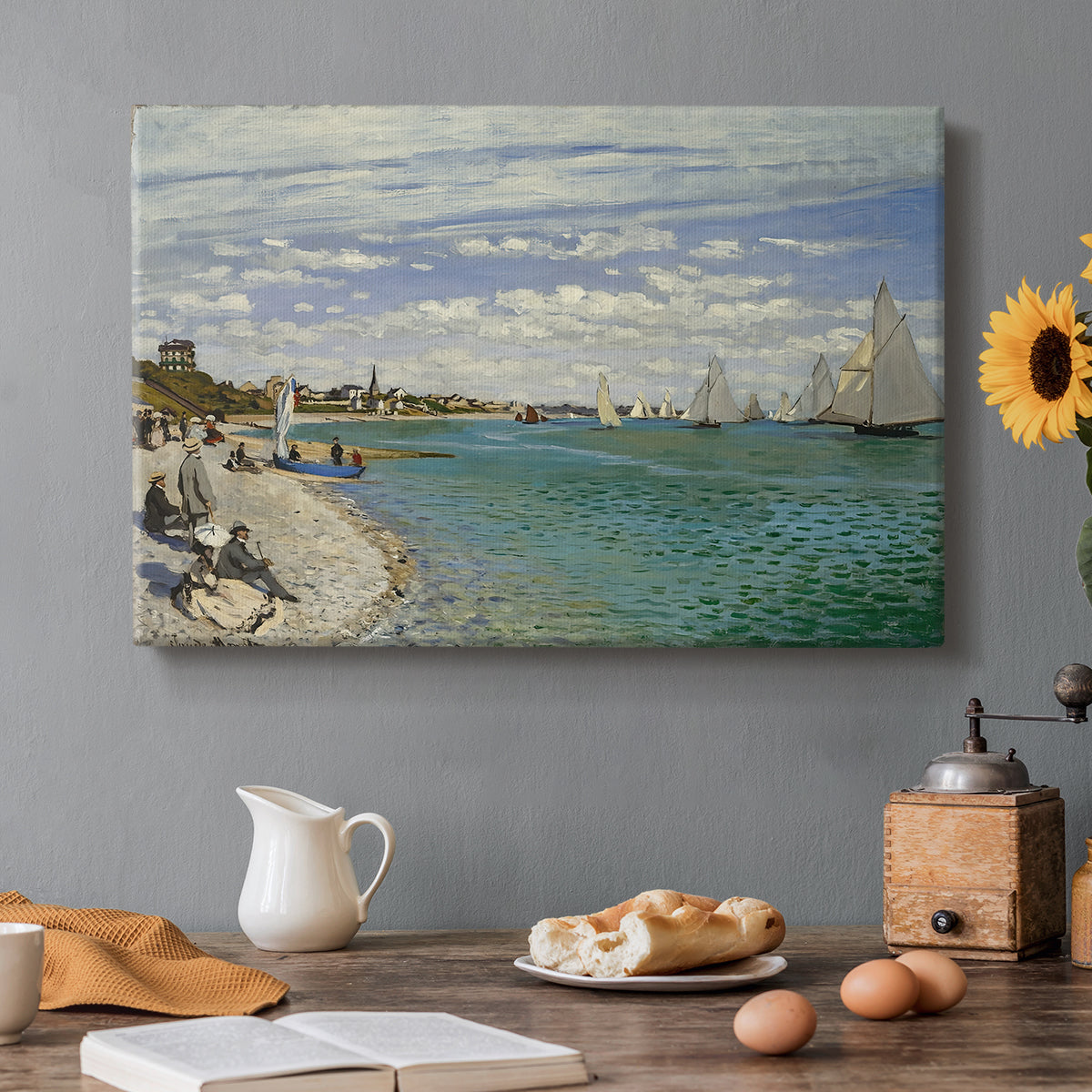 Canvas art print featuring sailboats gathered near shore with flags and spectators along coastline, set in a cozy kitchen setting
