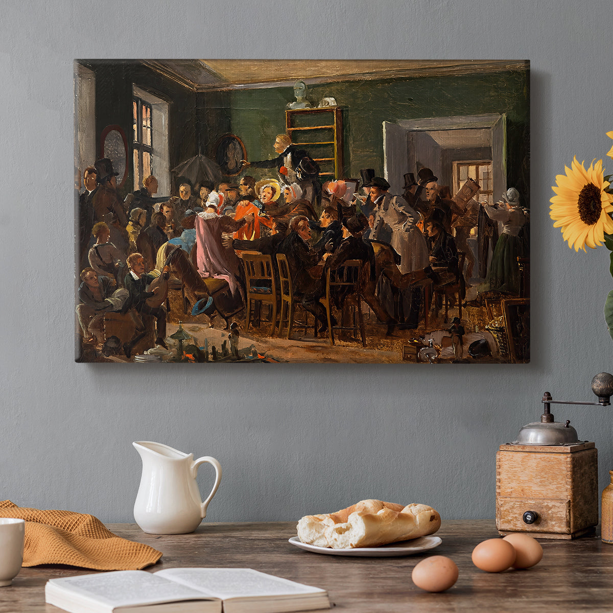 Canvas art print featuring a crowded interior with people gathered for auction activity, set in a cozy kitchen setting