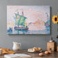 Canvas art print featuring a Venetian waterfront under pink sky, set in a cozy kitchen setting