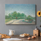 Canvas art print featuring an urban park with paths, trees, and figures under open sky, set in a cozy kitchen setting
