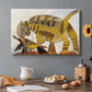 Canvas art print featuring a stylized cat holding bird in mouth with angular forms, set in a cozy kitchen setting