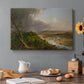 Canvas art print featuring a panoramic river landscape with contrast between stormy sky and calm farmland, set in a cozy kitchen setting