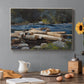 Canvas art print featuring a river landscape with boats and tree-lined banks under soft sky, set in a cozy kitchen setting